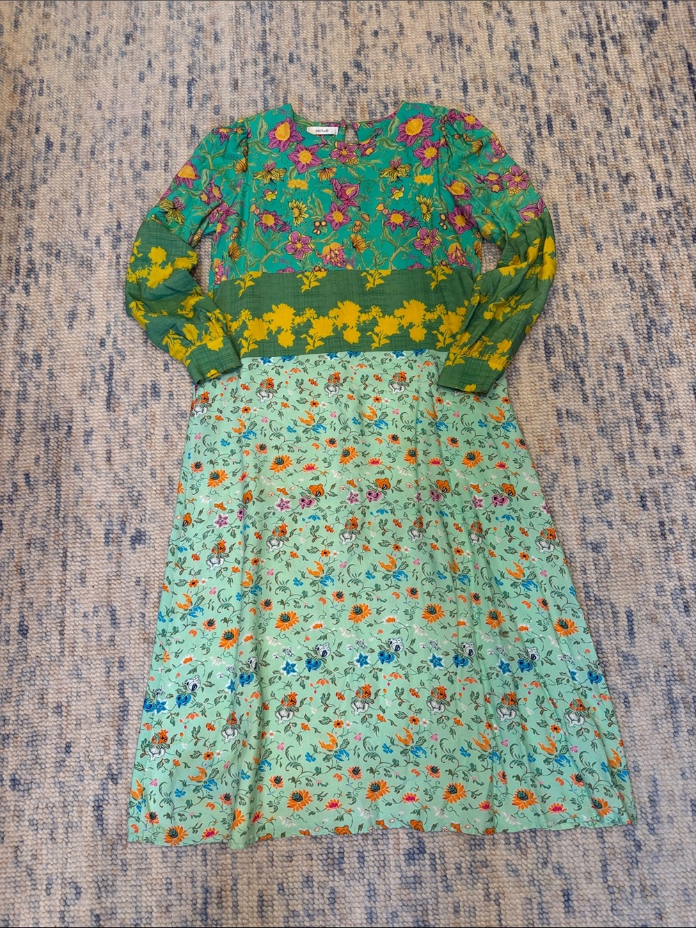 Floral Green Mixed-Print Long Sleeve Maxi Dress